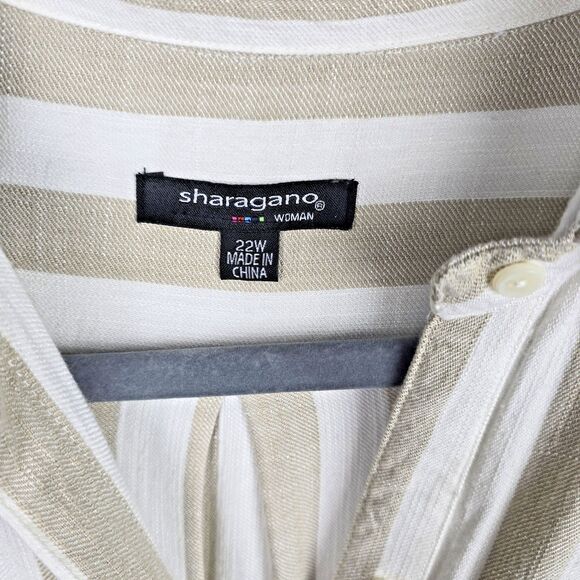 Sharagano Shirt Dress Womens 22W Taupe Ivory Button Up Pockets Stripes  Y2K - Picture 5 of 14